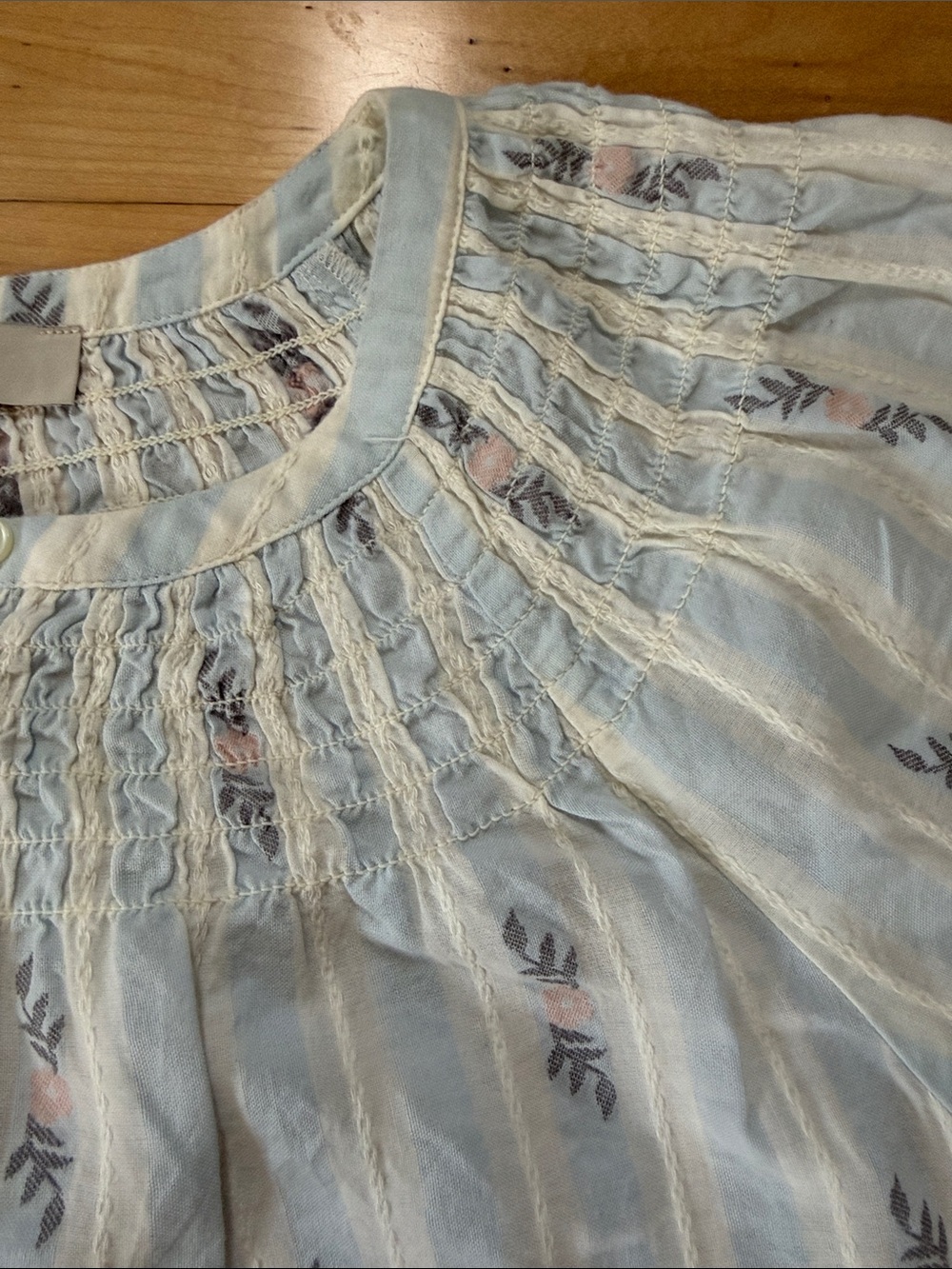 LOFT Blue Smocked Floral Stripe Puff Sleeve Blouse Boho Cottagecore Size S - Picture 3 of 7